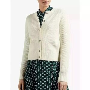 Ted Baker Cardigan Womens 1 Cream Ribbed Crystal Button Wool Fuzzy Crop Sweater